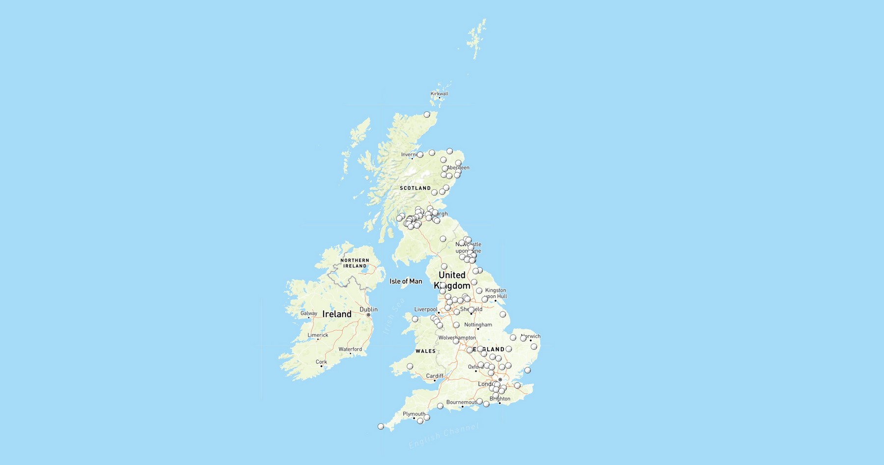 Map of the UK showing 150+ GCS Media screen locations across Scotland, England, and Wales